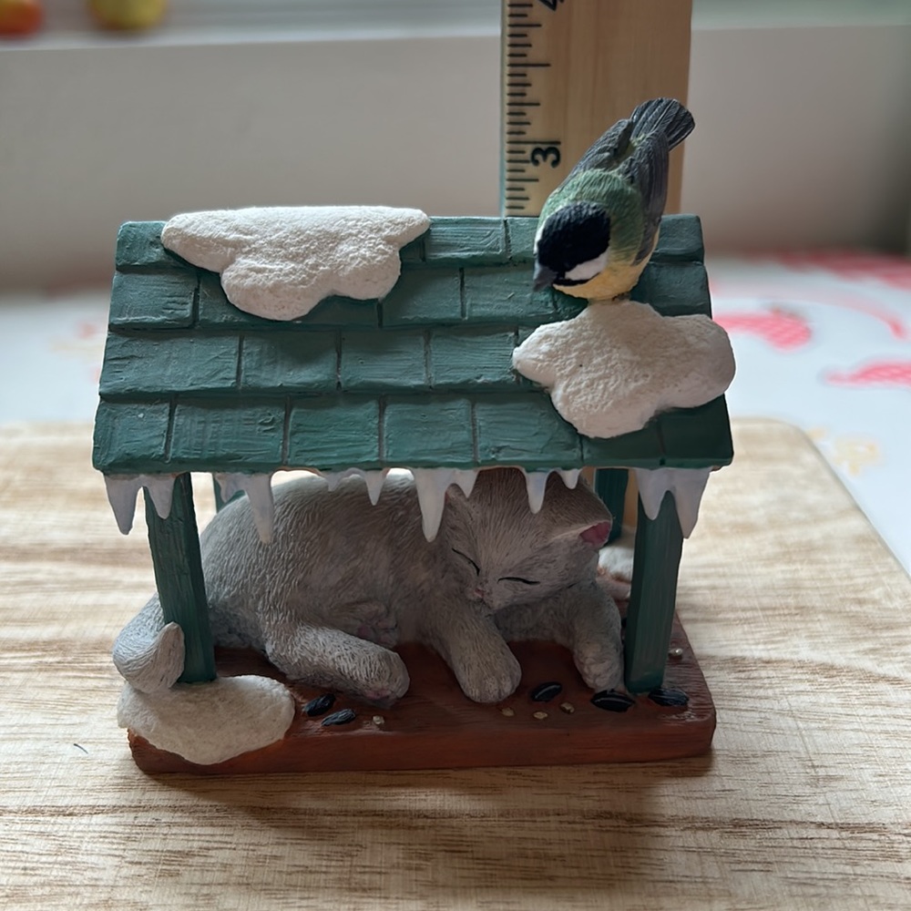 “Lenox “Winter Sunshine” Sleeping Gray Kitty Cat & Curious Bird Figurine New - Picture 10 of 11